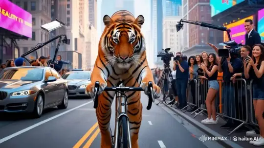 Tiger Rides Bicycle Through Bustling City – AI Generated Video | Hailuo AI