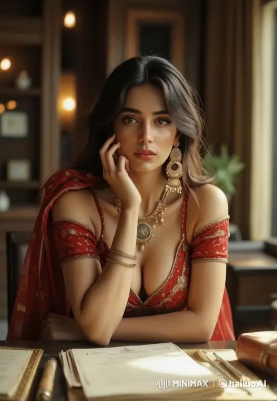 Contemplative Woman in Traditional Attire Amidst Warm-Lit Library Setting – AI Generated Video | Hailuo AI