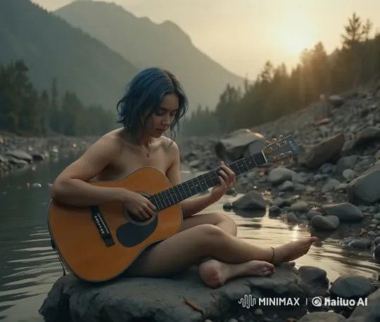 Blue-haired Woman Serenades River at Twilight – AI Generated Video | Hailuo AI