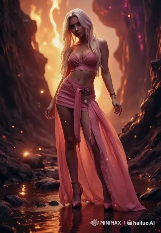 Enchanted Canyon: Woman in Pink Amidst Glowing Streams – AI Generated Video | Hailuo AI