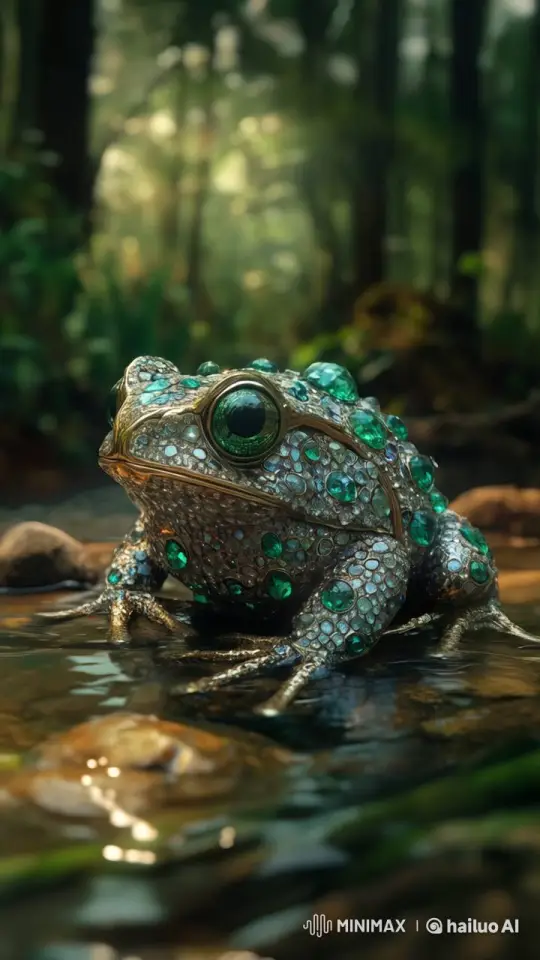 Jewel-Encrusted Frog in Tranquil Forest Setting – AI Generated Video | Hailuo AI