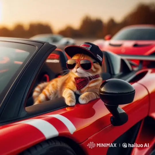 Orange Tabby Cat in Sports Car with Cool Accessories – AI Generated Video | Hailuo AI