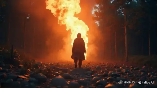 Mysterious Figure Approaches Blazing Forest Fire – AI Generated Video | Hailuo AI