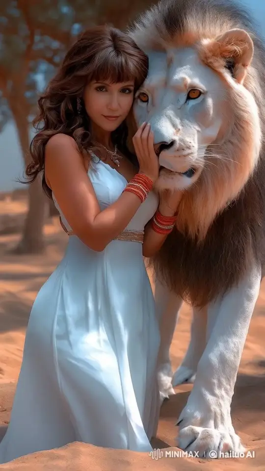 Woman and Majestic White Lion Share Intimate Moment – AI Generated Video | Hailuo AI