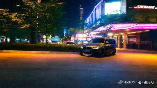 BMW Commercial Vehicle Showcase in Nighttime Cityscape – AI Generated Video | Hailuo AI