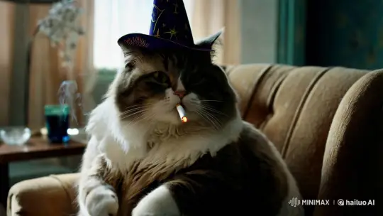 Retro Aesthetic: Wizard Cat in Lazy Boy with Cigarette – AI Generated Video | Hailuo AI