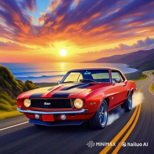 Red Camaro SS Drives Through Coastal Sunset – AI Generated Video | Hailuo AI