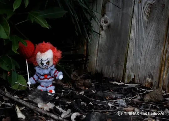 Knitted Clown Doll Approaches Camera in Static Forest Scene – AI Generated Video | Hailuo AI