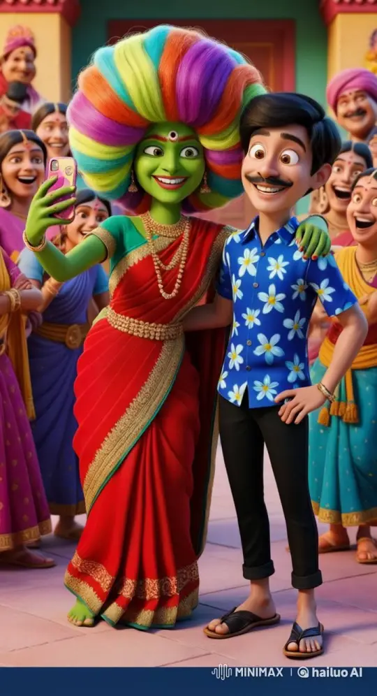 Green Woman and Mustachioed Man Celebrate with Villagers – AI Generated Video | Hailuo AI