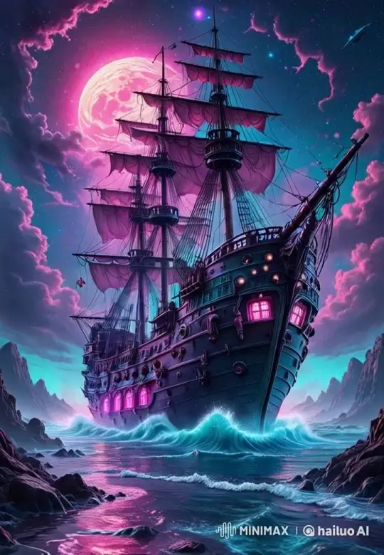 Magical Moonlit Voyage: Enchanted Ship Sails Through Glowing Sea – AI Generated Video | Hailuo AI