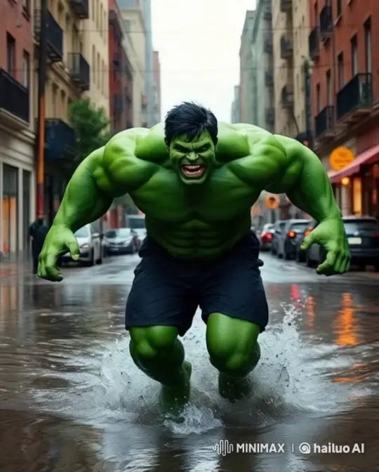 Hulk runs through the streets flooded by the flood – AI Generated Video | Hailuo AI