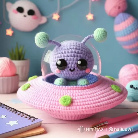 Crocheted Alien UFO Floats in Whimsical Pastel Scene – AI Generated Video | Hailuo AI