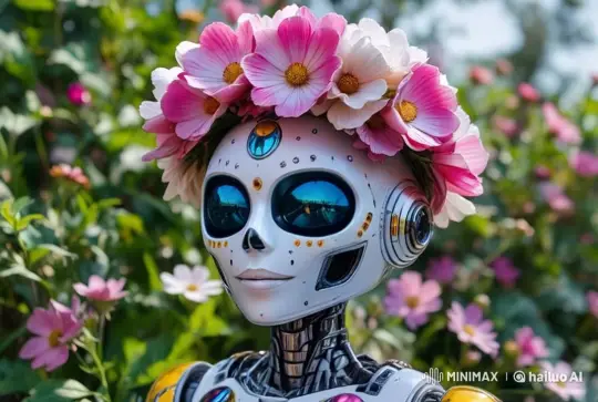 Robotic Flower-Crowned Figure in Serene Garden – AI Generated Video | Hailuo AI