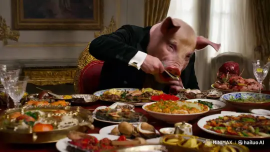 Man Transforms into Pig Over Opulent Feast – AI Generated Video | Hailuo AI