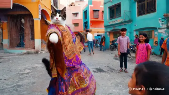 Cat in Kaftan Dances Gracefully on Bustling City Street – AI Generated Video | Hailuo AI