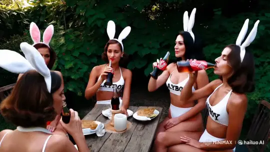 Retro Glamour: Playboy Bunnies Enjoy Coca-Cola in Verdant Garden – AI Generated Video | Hailuo AI