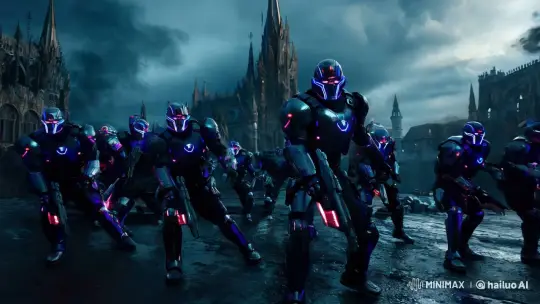 Cybernetic Soldiers in Dystopian Gothic Cityscape – AI Generated Video | Hailuo AI