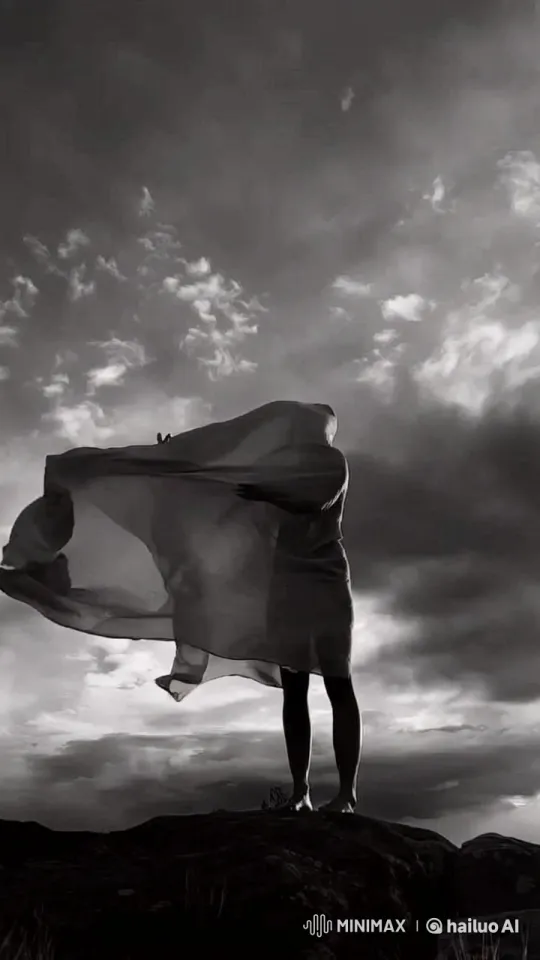 Silhouetted Figure in Flowing Fabric Amidst Dramatic Sky – AI Generated Video | Hailuo AI