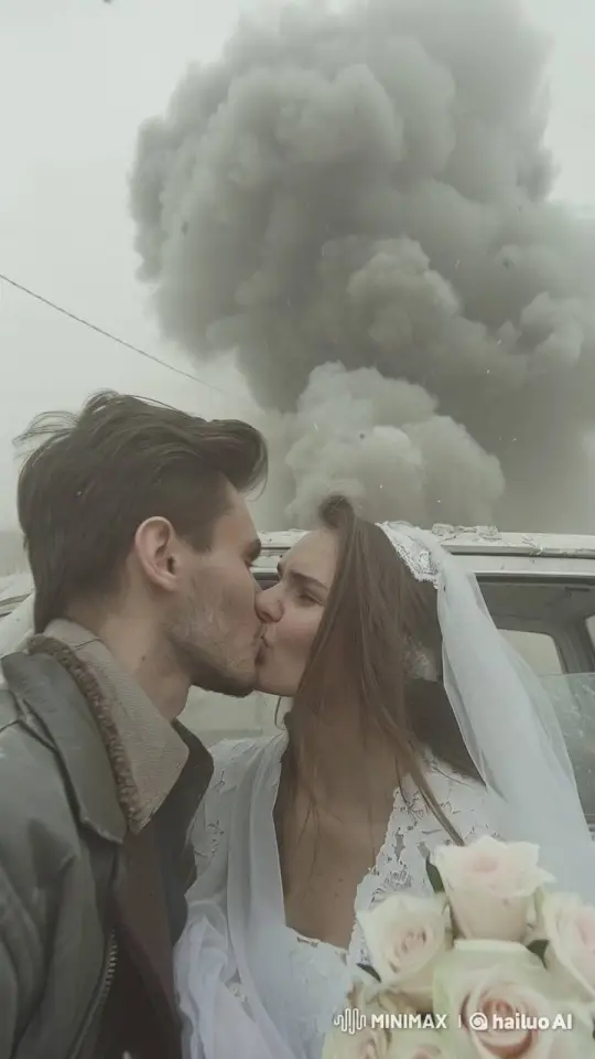 Wedding Kiss Amidst Dust Explosion Chaos – AI Generated Video | Hailuo AI