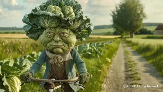 Cabbage-headed Character Cycles Through Whimsical Countryside – AI Generated Video | Hailuo AI