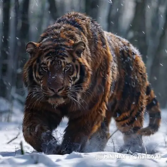 Tiger Strides Through Snowy Forest – AI Generated Video | Hailuo AI