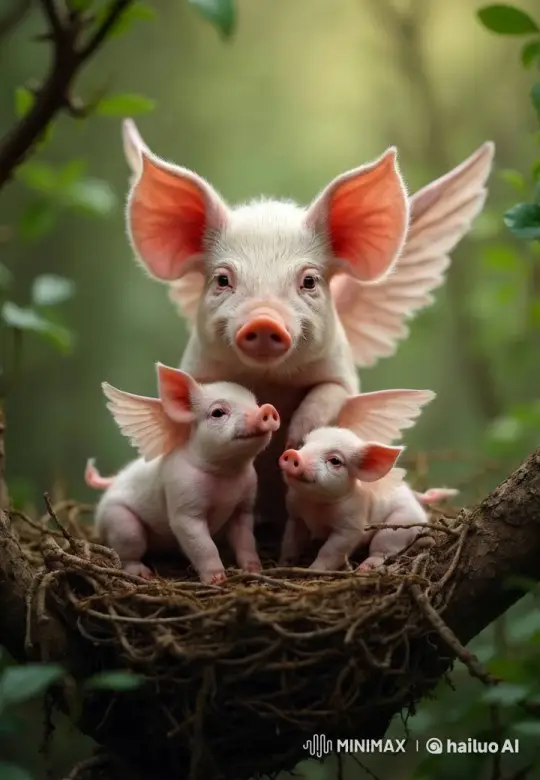 Magical Winged Pigs and Their Family in a Tree Nest – AI Generated Video | Hailuo AI