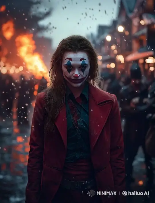 Joker-Inspired Woman in Chaotic Fire Scene – AI Generated Video | Hailuo AI