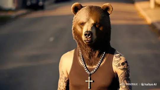 Mysterious Chimera: Human-Bear Figure in Urban Autumn Setting – AI Generated Video | Hailuo AI