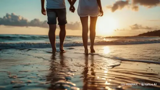 Romantic Beach Walk: Couple's Handhold in Sunset Glow – AI Generated Video | Hailuo AI