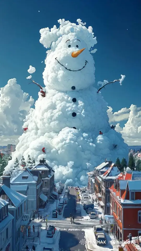 Colossal Cloud Snowman Spreads Winter Magic Over Town – AI Generated Video | Hailuo AI