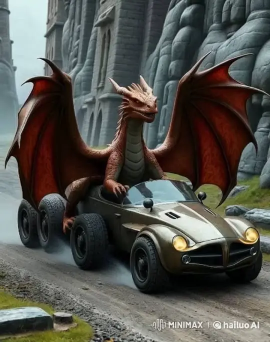 Dragon Drives Vintage Car Through Ancient Scenery – AI Generated Video | Hailuo AI
