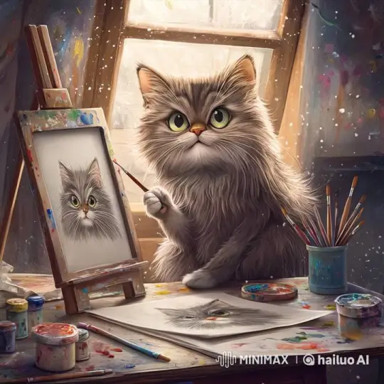 Artistic Cat Paints Its Own Portrait – AI Generated Video | Hailuo AI