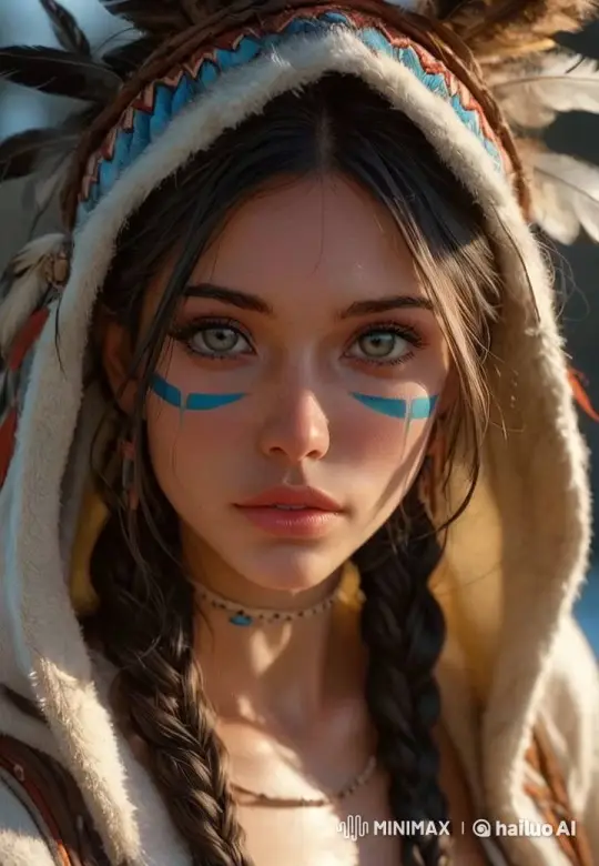 Mystical Portrait: Native American Woman with Feathers – AI Generated Video | Hailuo AI