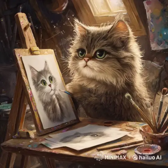 Fluffy Cat Artist Paints Self-Portrait in Cozy Attic Studio – AI Generated Video | Hailuo AI