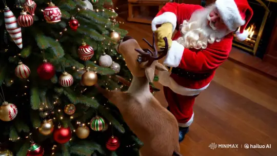 Santa and Rudolph Decorate a Grand Christmas Tree – AI Generated Video | Hailuo AI
