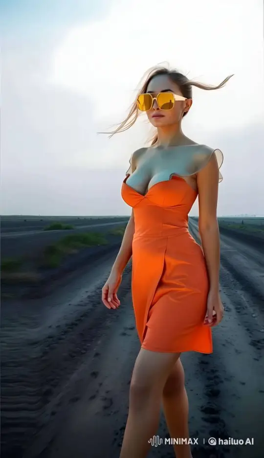 Woman in Orange Dress in Arid Landscape – AI Generated Video | Hailuo AI