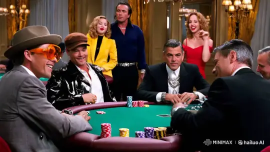 High Stakes Poker Scene with Celebrities in Glamorous Setting – AI Generated Video | Hailuo AI