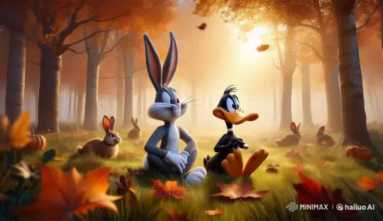 Autumn Serenity: Bugs Bunny and Daffy Duck in Woodland Peace – AI Generated Video | Hailuo AI