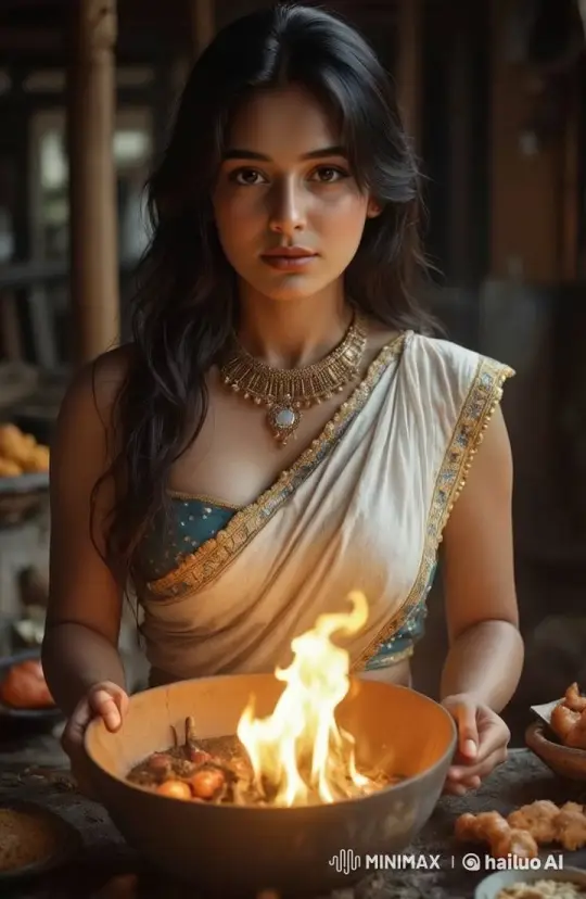 Young Woman with Embroidered Outfit and Fiery Bowl – AI Generated Video | Hailuo AI