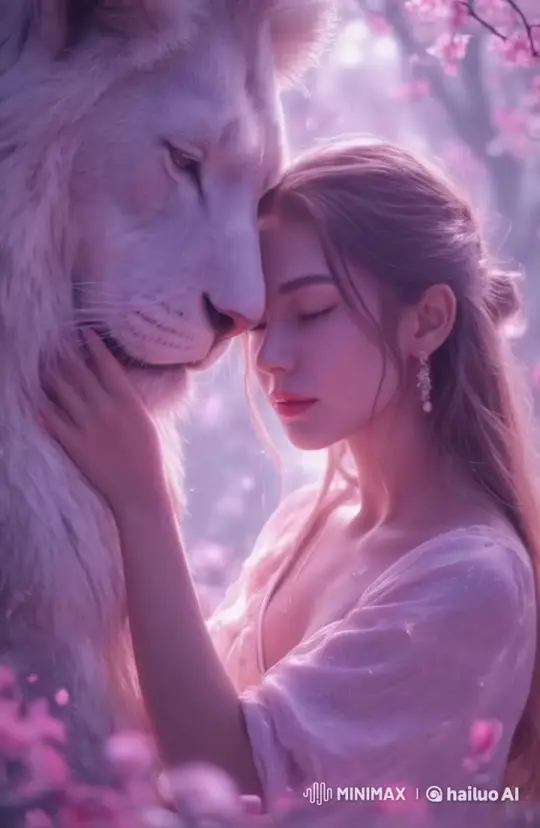 Young Woman and White Lion in Peaceful Cherry Blossom Scene – AI Generated Video | Hailuo AI