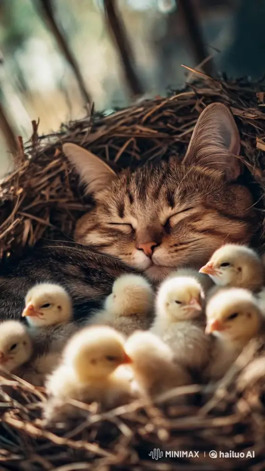 Cozy Cat and Chicks Share Peaceful Slumber – AI Generated Video | Hailuo AI