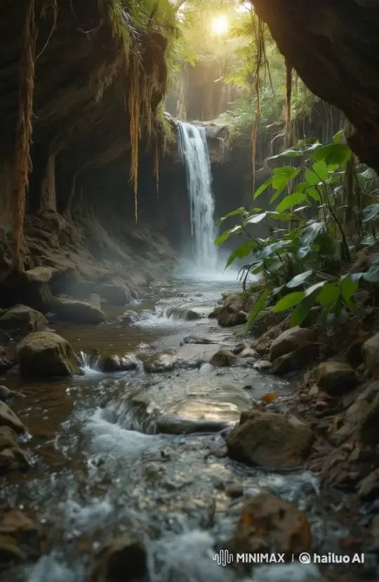 Peaceful Morning at a Lush Forest Waterfall – AI Generated Video | Hailuo AI