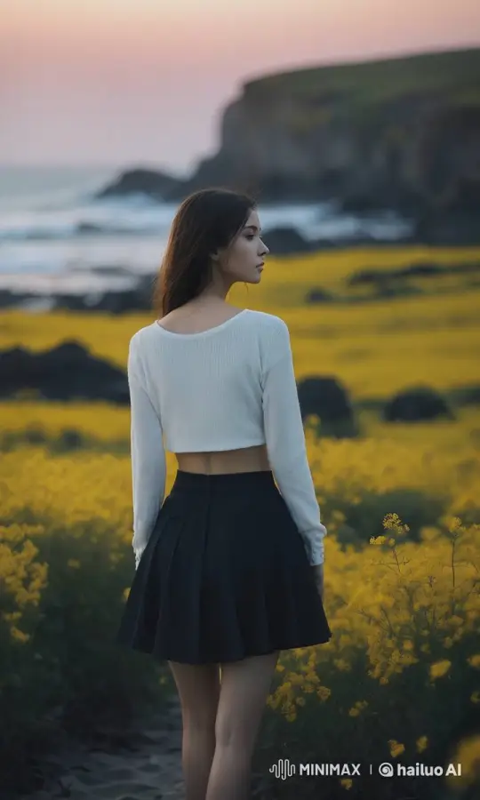 Sunset Serenity: Woman in Flower Field at Coastline – AI Generated Video | Hailuo AI