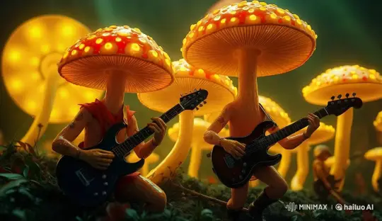 Surreal Mushroom Musicians in Futuristic Forest Concert – AI Generated Video | Hailuo AI