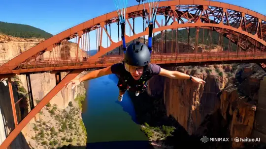 Thrilling Wing Suit Jump Over Rustic Bridge with Vibrant Canyon – AI Generated Video | Hailuo AI