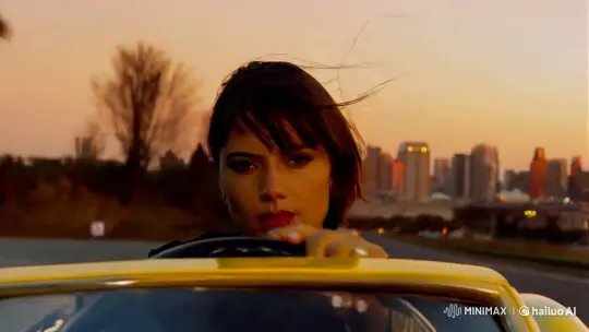 Young Woman Drives Through Cityscape at Dusk – AI Generated Video | Hailuo AI