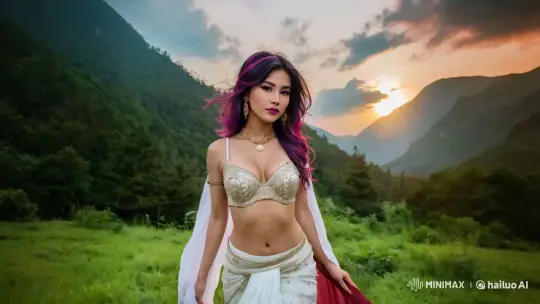 Woman in Serene Mountain Landscape at Sunset – AI Generated Video | Hailuo AI