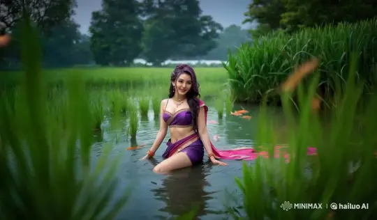 Woman in Traditional Attire Enjoying Serenity of Rice Paddy – AI Generated Video | Hailuo AI