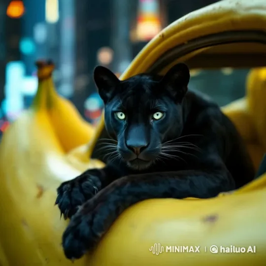 Jaguar in Banana Car Navigates Neon Cityscape – AI Generated Video | Hailuo AI