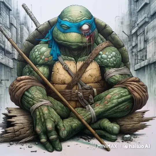 Worn Turtle Warrior in Desolate Urban Ruins – AI Generated Video | Hailuo AI